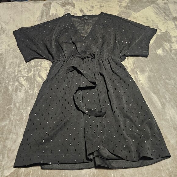 Express Black Sheer Chiffon Glitter Layered Wrap Wide Sleeve Belted Dress - Picture 7 of 8